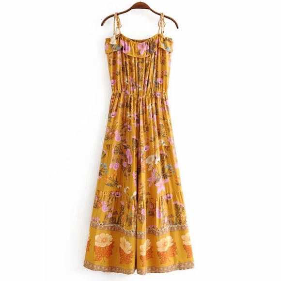 Boho 60’s Floral Gypsy Print Maxi Dress Yellow 70s - Picture 3 of 9